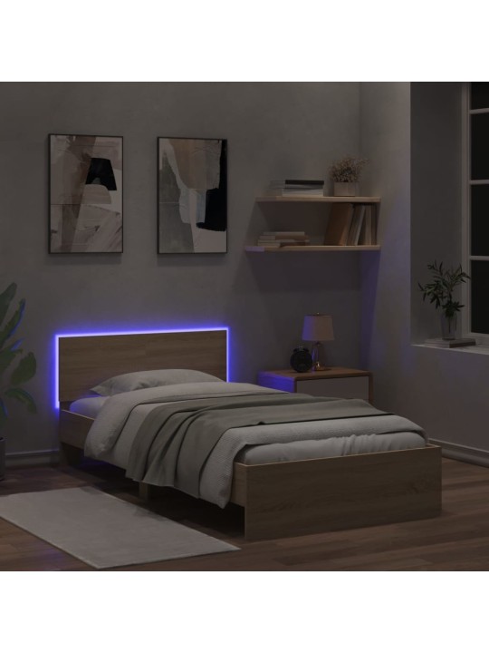 Gultas rāmis ar galvgali un LED, koka krāsa, 100x200 cm