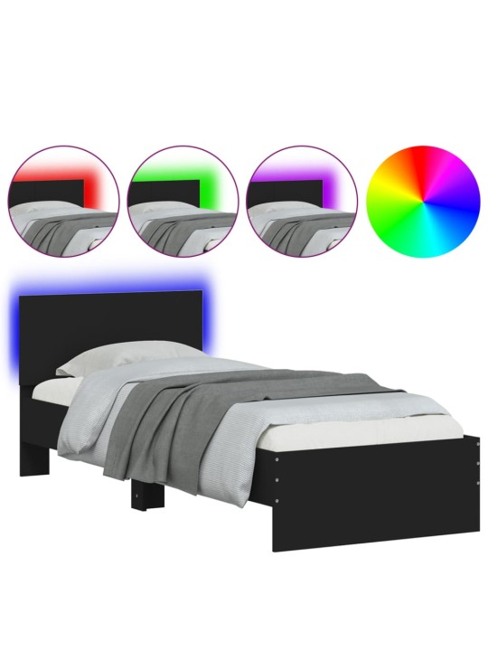 Gultas rāmis ar galvgali un LED, melns, 90x200 cm