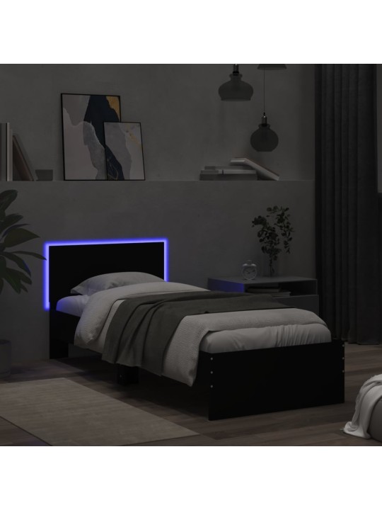 Gultas rāmis ar galvgali un LED, melns, 90x200 cm