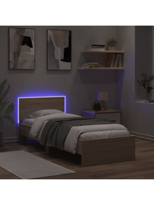 Gultas rāmis ar galvgali un LED, koka krāsa, 90x200 cm