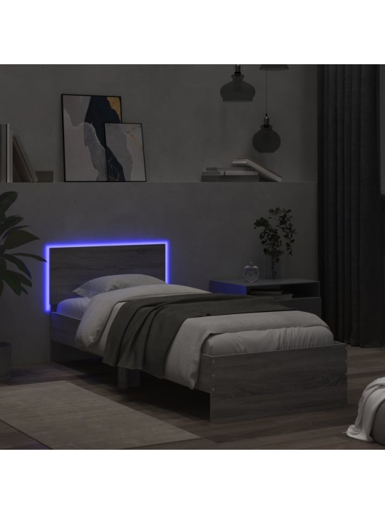 Gultas rāmis ar galvgali un LED, pelēka ozola, 90x200 cm