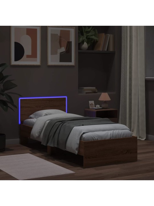 Gultas rāmis ar galvgali un LED, brūna koka krāsa, 90x200 cm