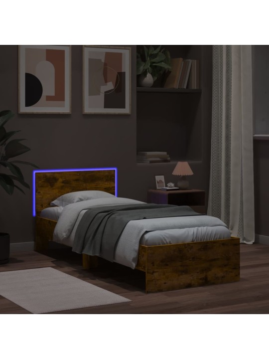 Gultas rāmis ar galvgali un LED, koka krāsa, 90x190 cm
