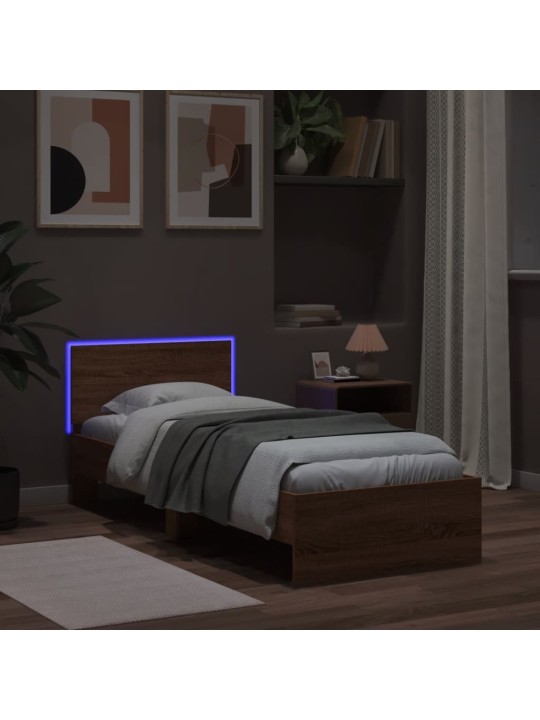 Gultas rāmis ar galvgali un LED, brūna koka krāsa, 90x190 cm