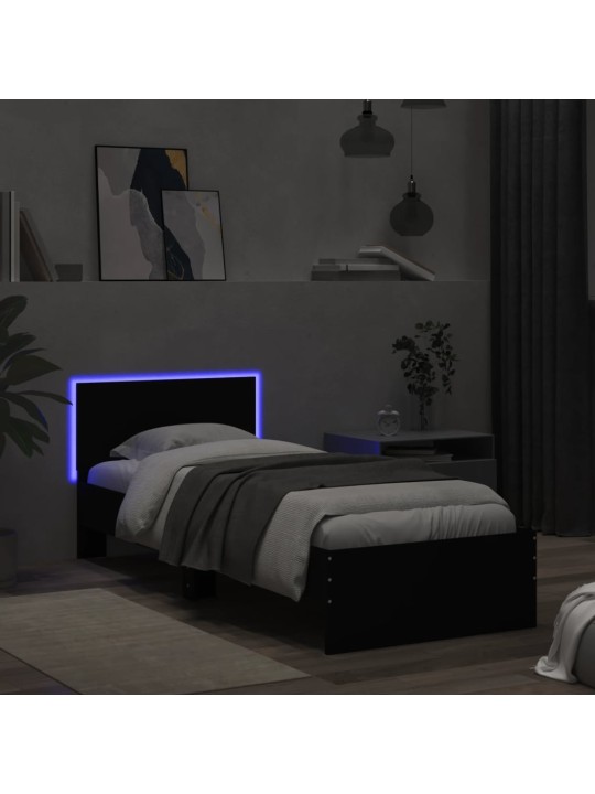 Gultas rāmis ar galvgali un LED, melns, 75x190 cm