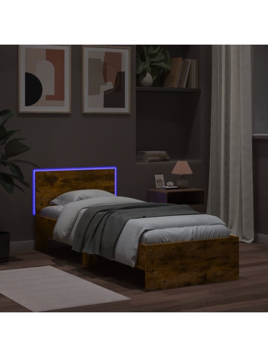 Gultas rāmis ar galvgali un LED, koka krāsa, 75x190 cm