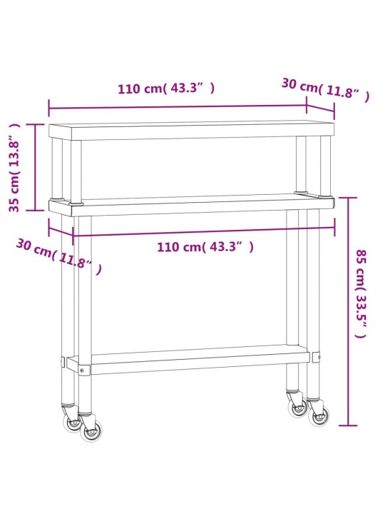 Virtuves darba galds ar plauktu, 110x30x120 cm, tērauds