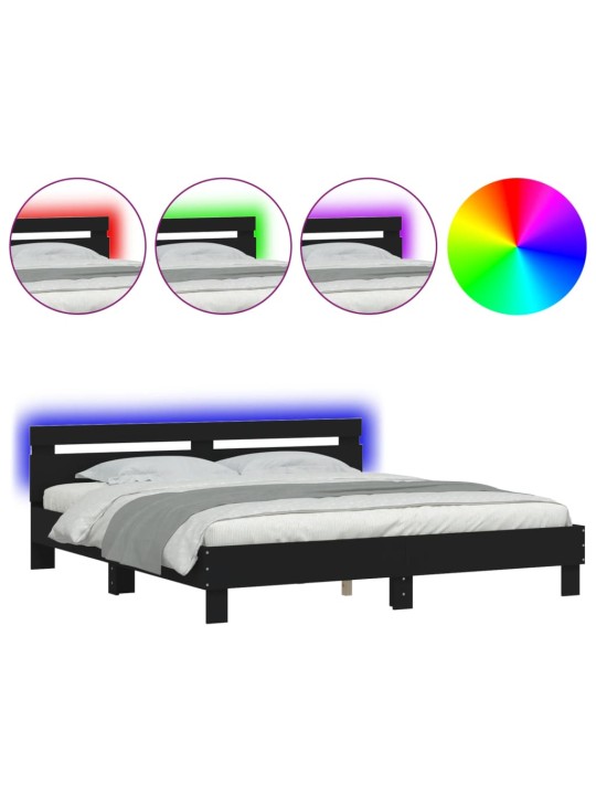 Gultas rāmis ar galvgali un LED, melns, 200x200 cm