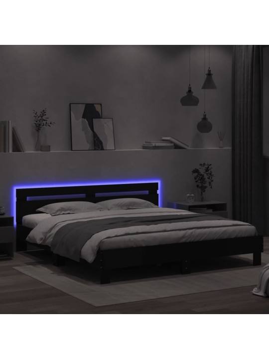 Gultas rāmis ar galvgali un LED, melns, 200x200 cm