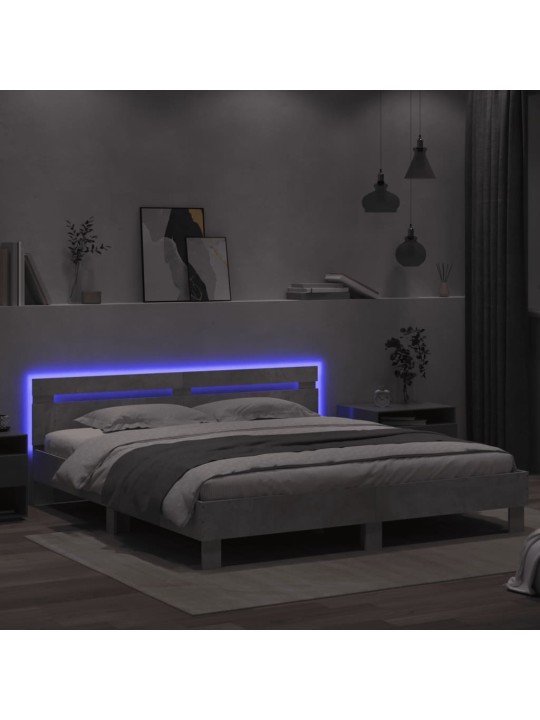 Gultas rāmis ar galvgali un LED, betona pelēks, 200x200 cm