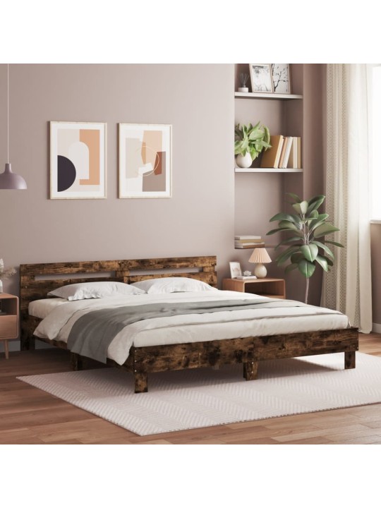 Gultas rāmis ar galvgali un LED, koka krāsa, 200x200 cm