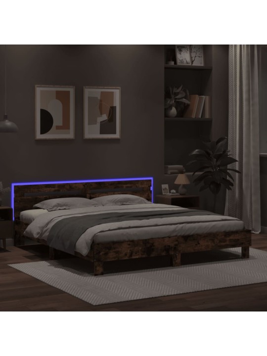 Gultas rāmis ar galvgali un LED, koka krāsa, 200x200 cm