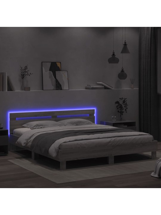 Gultas rāmis ar galvgali un LED, pelēka ozola krāsa, 200x200 cm