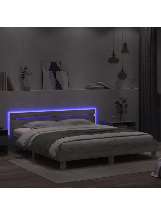 Gultas rāmis ar galvgali un LED, pelēka ozola krāsa, 180x200 cm