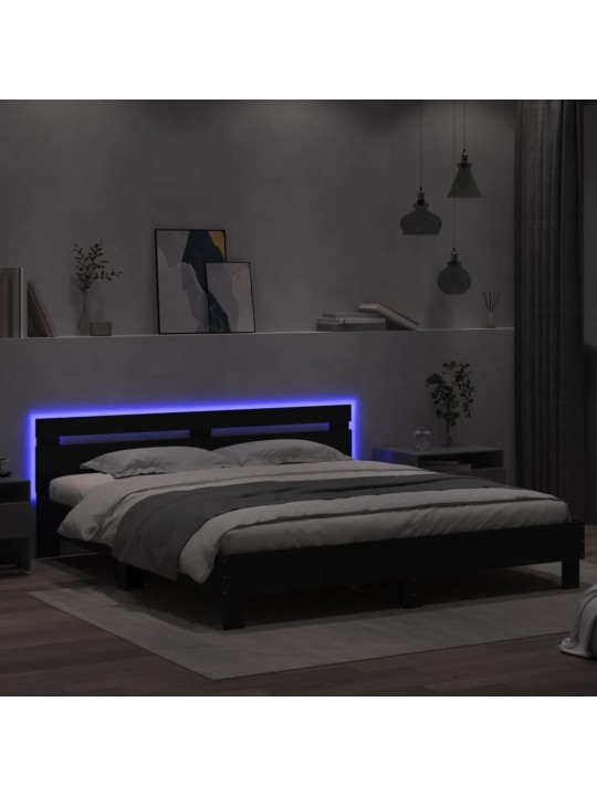 Gultas rāmis ar galvgali un LED, melns, 160x200 cm