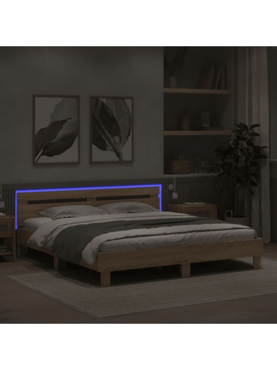 Gultas rāmis ar galvgali un LED, koka krāsa, 160x200 cm