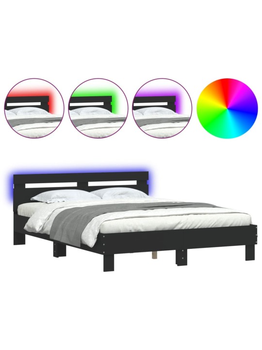 Gultas rāmis ar galvgali un LED, melns, 150x200 cm