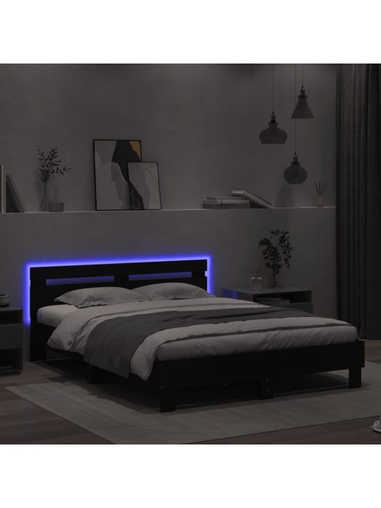 Gultas rāmis ar galvgali un LED, melns, 150x200 cm