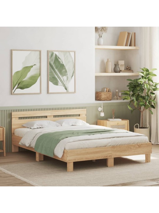 Gultas rāmis ar galvgali un LED, koka krāsa, 150x200 cm