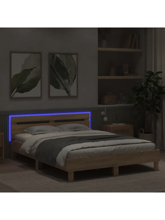 Gultas rāmis ar galvgali un LED, koka krāsa, 150x200 cm