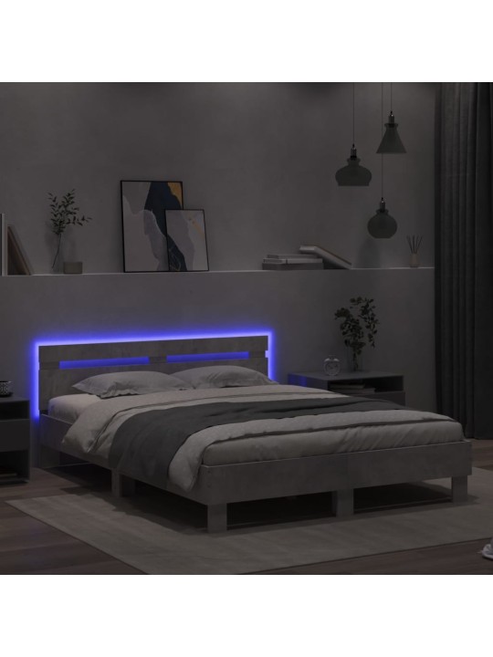Gultas rāmis ar galvgali un LED, betona pelēks, 150x200 cm