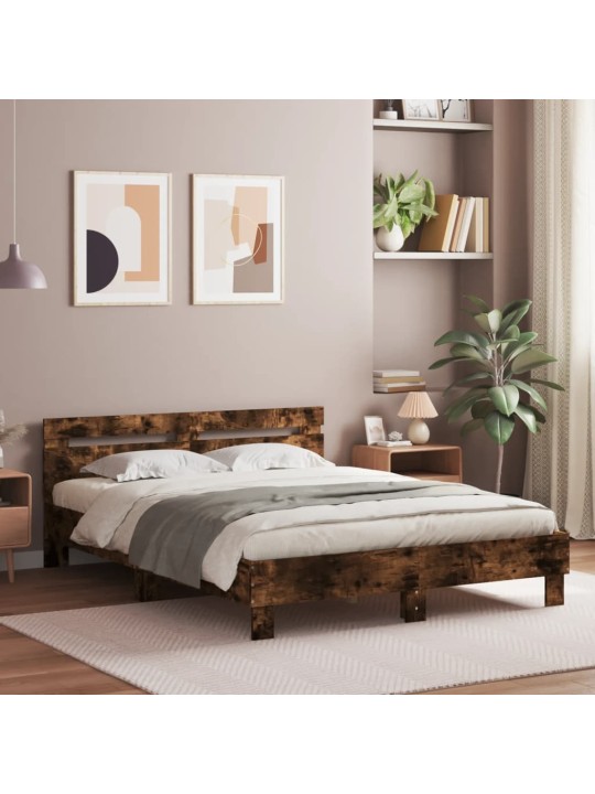 Gultas rāmis ar galvgali un LED, koka krāsa, 150x200 cm