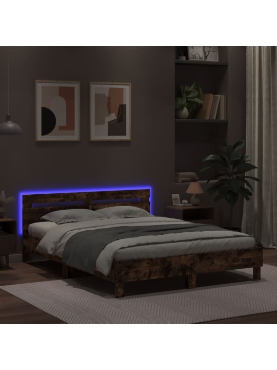 Gultas rāmis ar galvgali un LED, koka krāsa, 150x200 cm