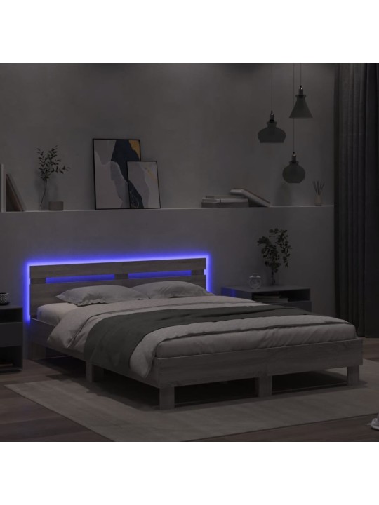 Gultas rāmis ar galvgali un LED, pelēka ozola krāsa, 150x200 cm