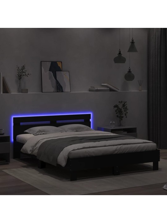 Gultas rāmis ar galvgali un LED, melns, 140x200 cm