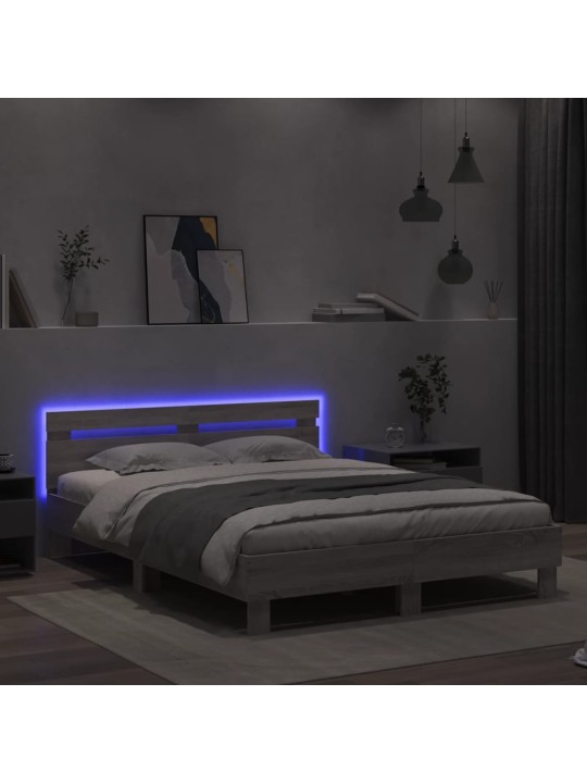 Gultas rāmis ar galvgali un LED, pelēka ozola krāsa, 140x200 cm