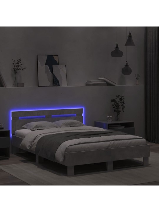 Gultas rāmis ar galvgali un LED, betona pelēks, 120x200 cm
