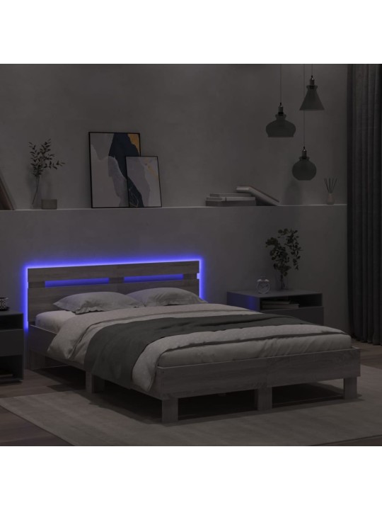 Gultas rāmis ar galvgali un LED, pelēka ozola krāsa, 120x200 cm