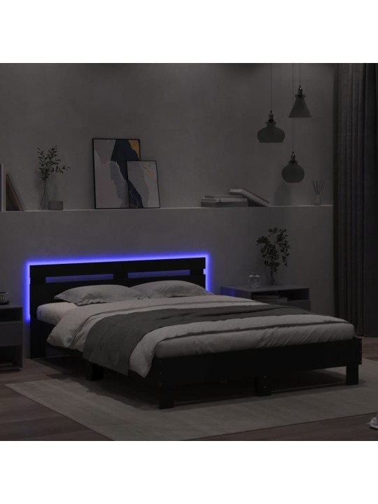Gultas rāmis ar galvgali un led, melns, 140x190 cm