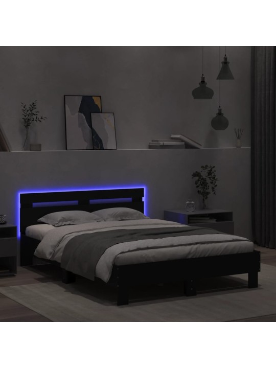 Gultas rāmis ar galvgali un led, melns, 135x190 cm