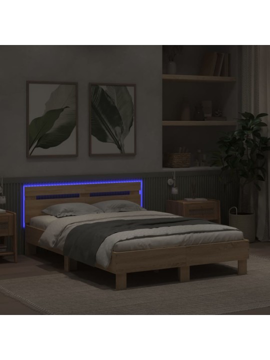 Gultas rāmis ar galvgali un LED, koka krāsa, 135x190 cm