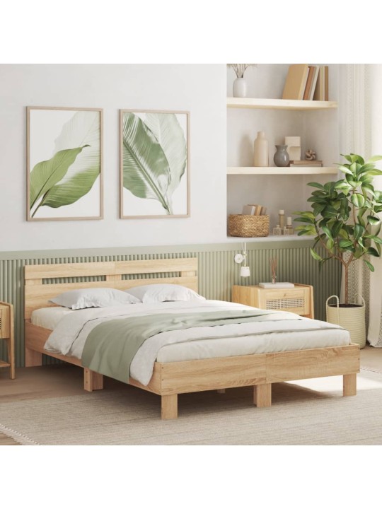 Gultas rāmis ar galvgali un LED, koka krāsa, 135x190 cm