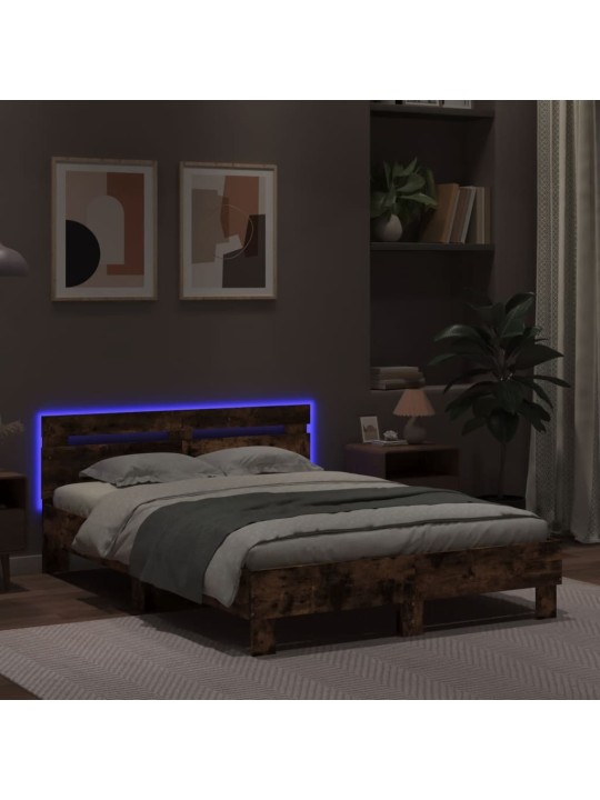 Gultas rāmis ar galvgali un LED, koka krāsa, 135x190 cm