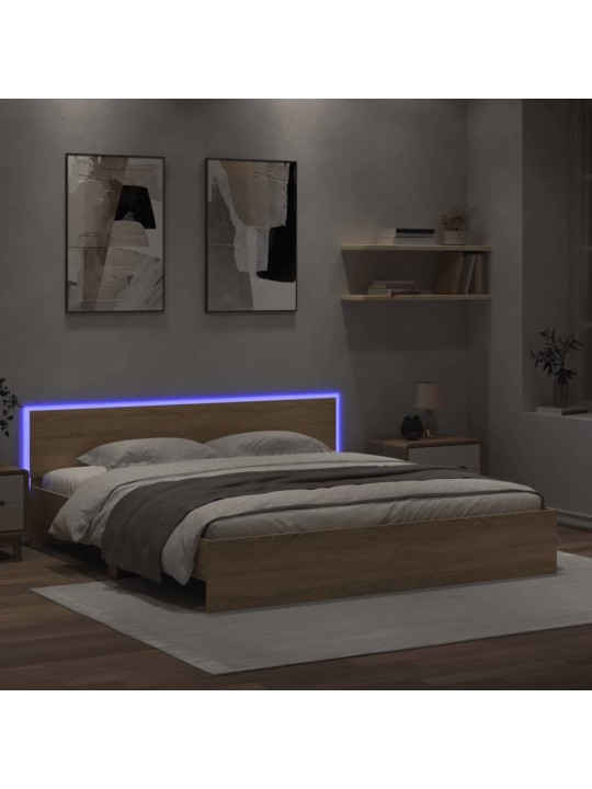 Gultas rāmis ar galvgali un LED, koka krāsa, 200x200 cm