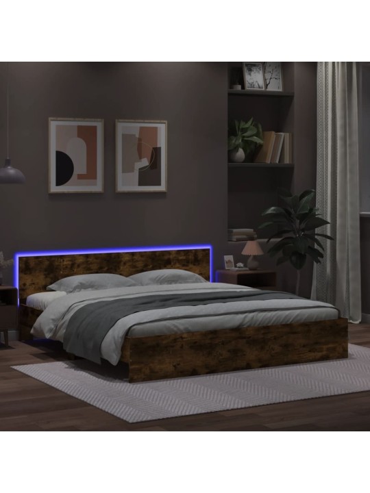 Gultas rāmis ar galvgali un LED, koka krāsa, 200x200 cm