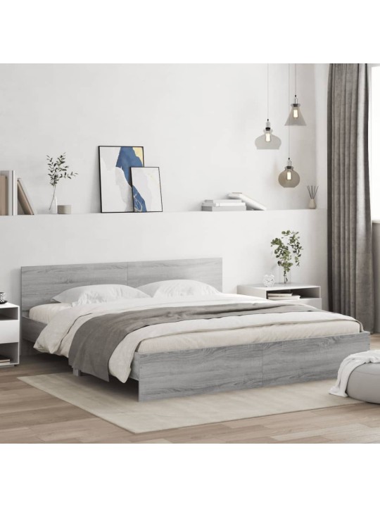 Gultas rāmis ar galvgali un LED, pelēka ozola krāsa, 200x200 cm