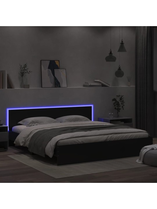 Gultas rāmis ar galvgali un LED, melns, 180x200 cm