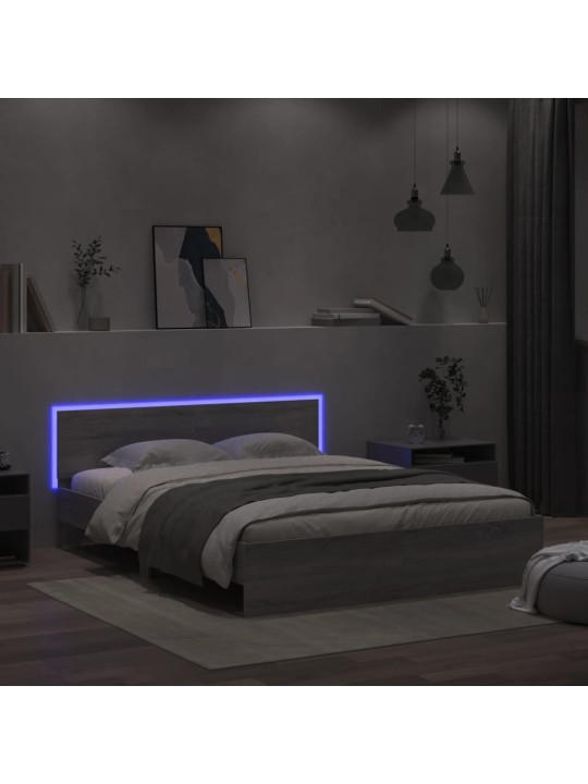 Gultas rāmis ar galvgali un LED, pelēka ozola krāsa, 160x200 cm
