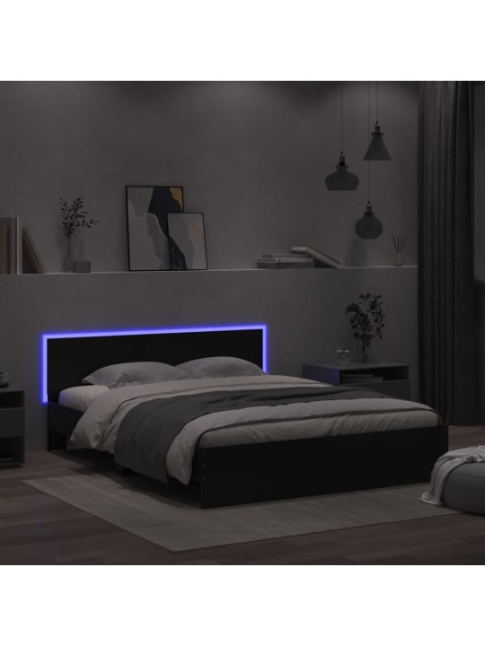 Gultas rāmis ar galvgali un LED, melns, 150x200 cm