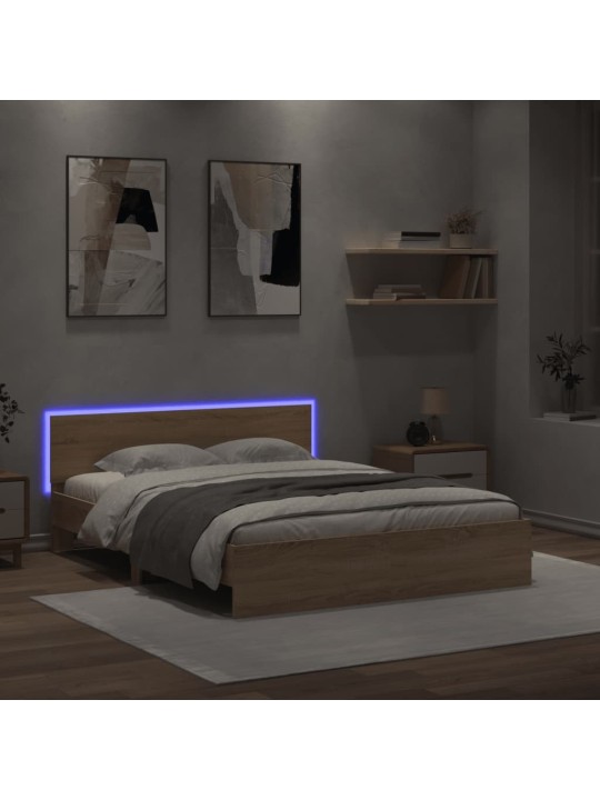 Gultas rāmis ar galvgali un LED, koka krāsa, 150x200 cm