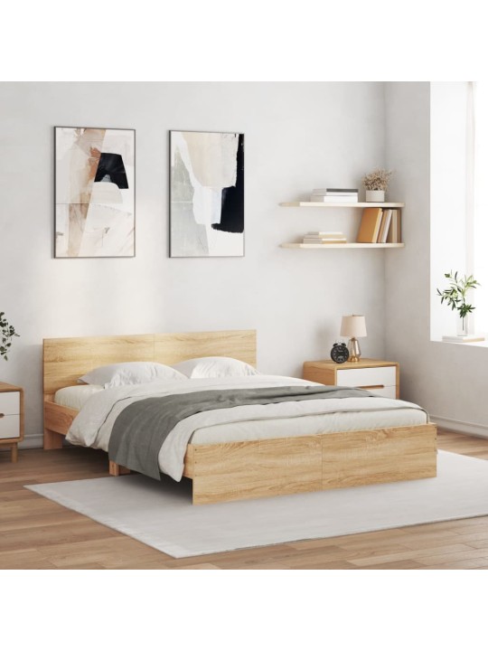 Gultas rāmis ar galvgali un LED, koka krāsa, 150x200 cm