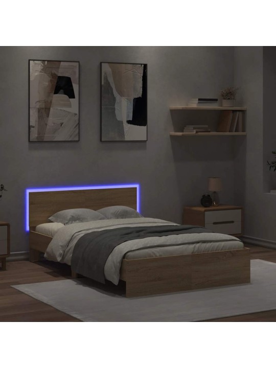 Gultas rāmis ar galvgali un led, koka krāsa, 140x200 cm