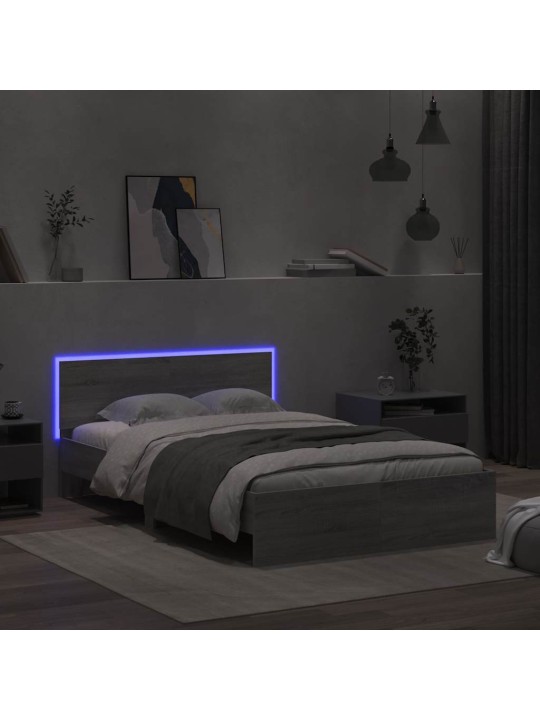 Gultas rāmis ar galvgali un led, pelēka ozola krāsa, 140x200 cm