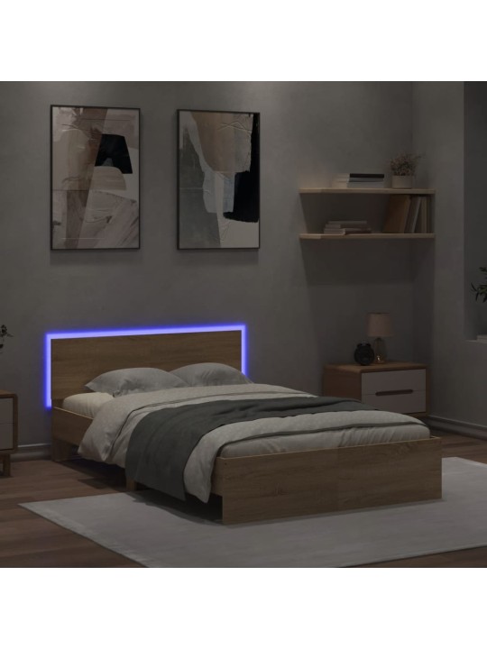 Gultas rāmis ar galvgali un LED, koka krāsa, 135x190 cm