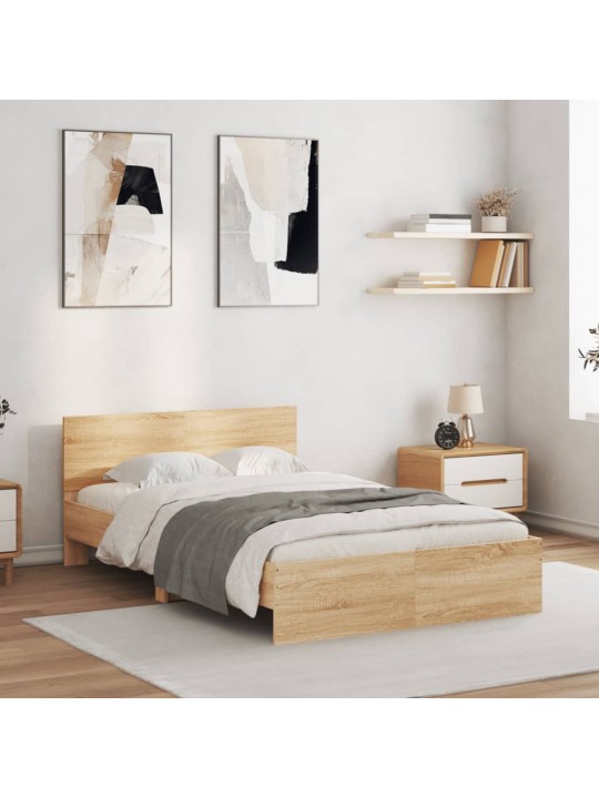 Gultas rāmis ar galvgali un LED, koka krāsa, 135x190 cm