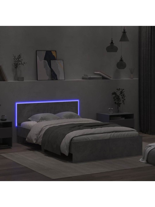 Gultas rāmis ar galvgali un led, betona pelēks, 135x190 cm